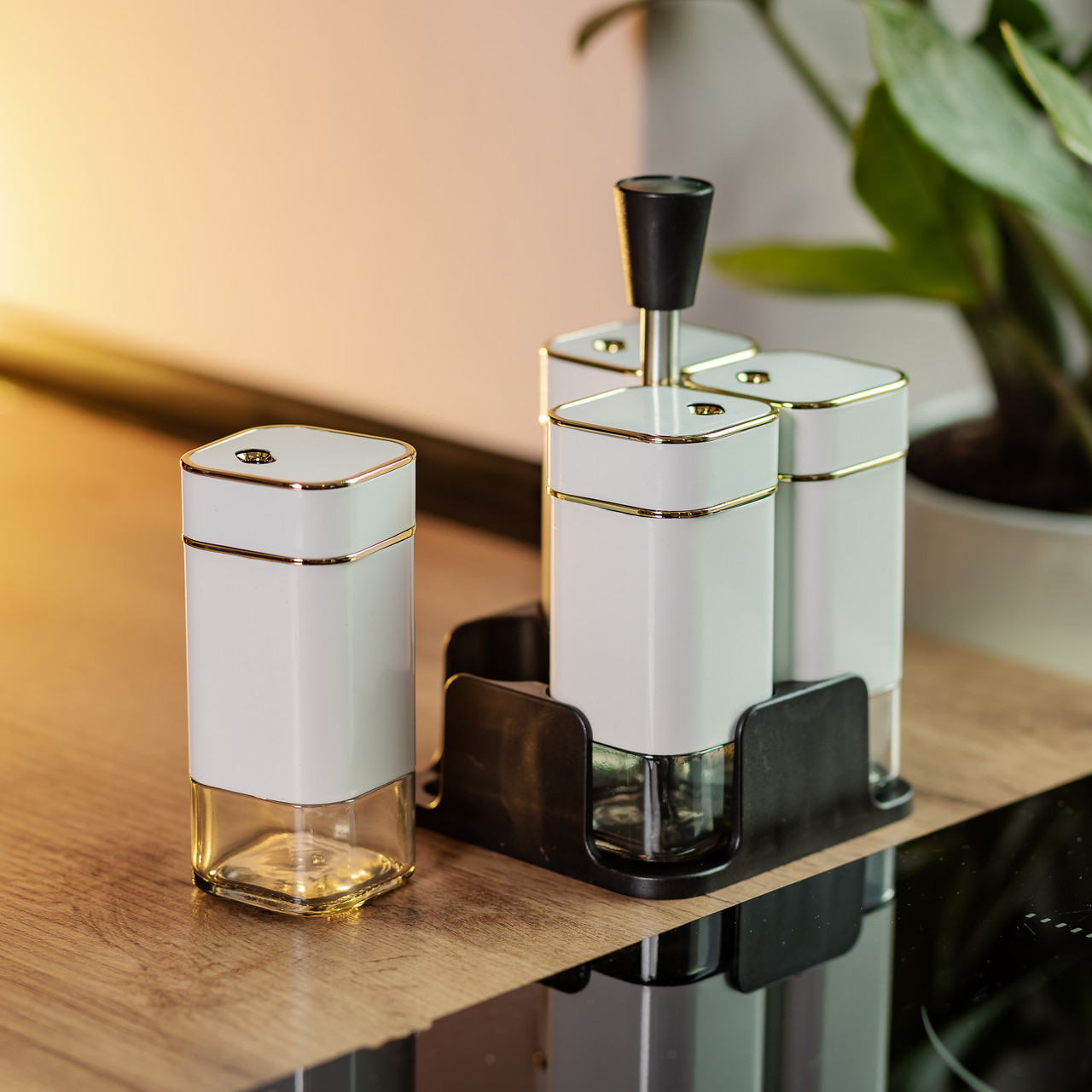 Набір для спецій на підставці 4 предмети 10х10х17 см ємності для приправ 120 мл Білий