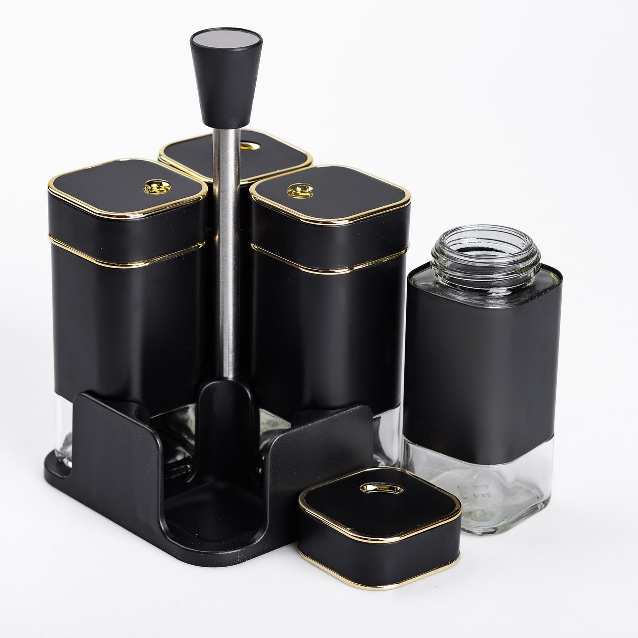 Набір для спецій на підставці 4 предмети 10х10х17 см ємності для приправ 120 мл Чорний