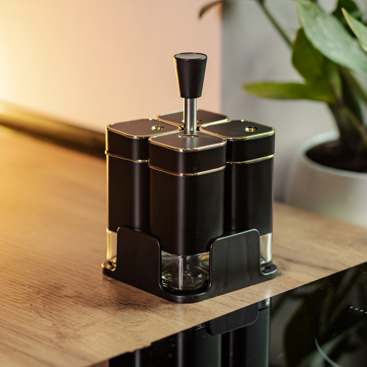 Набір для спецій на підставці 4 предмети 10х10х17 см ємності для приправ 120 мл Чорний