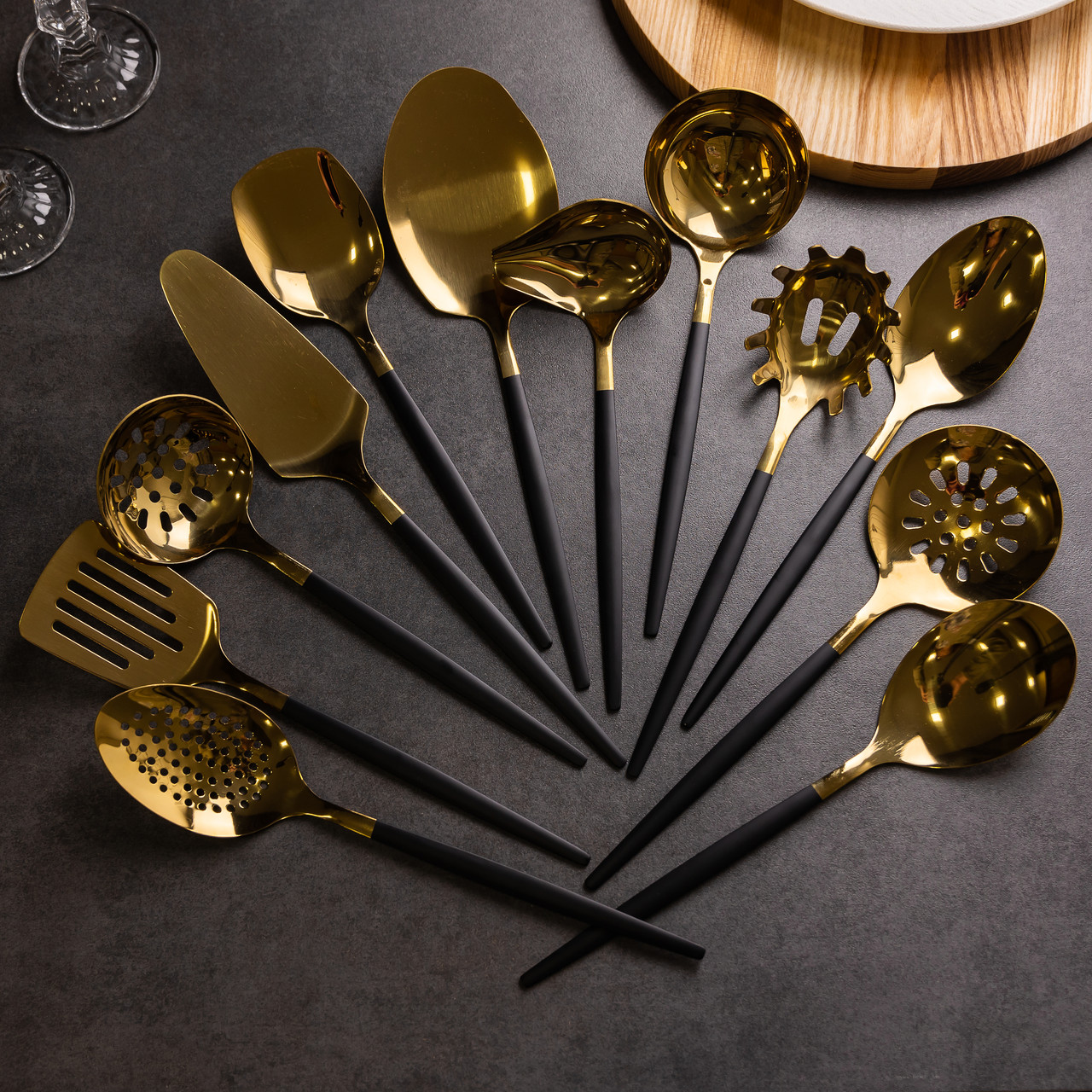 Набір кухонного приладдя 12 предметів столові прилади з нержавіючої сталі Золото з чорним