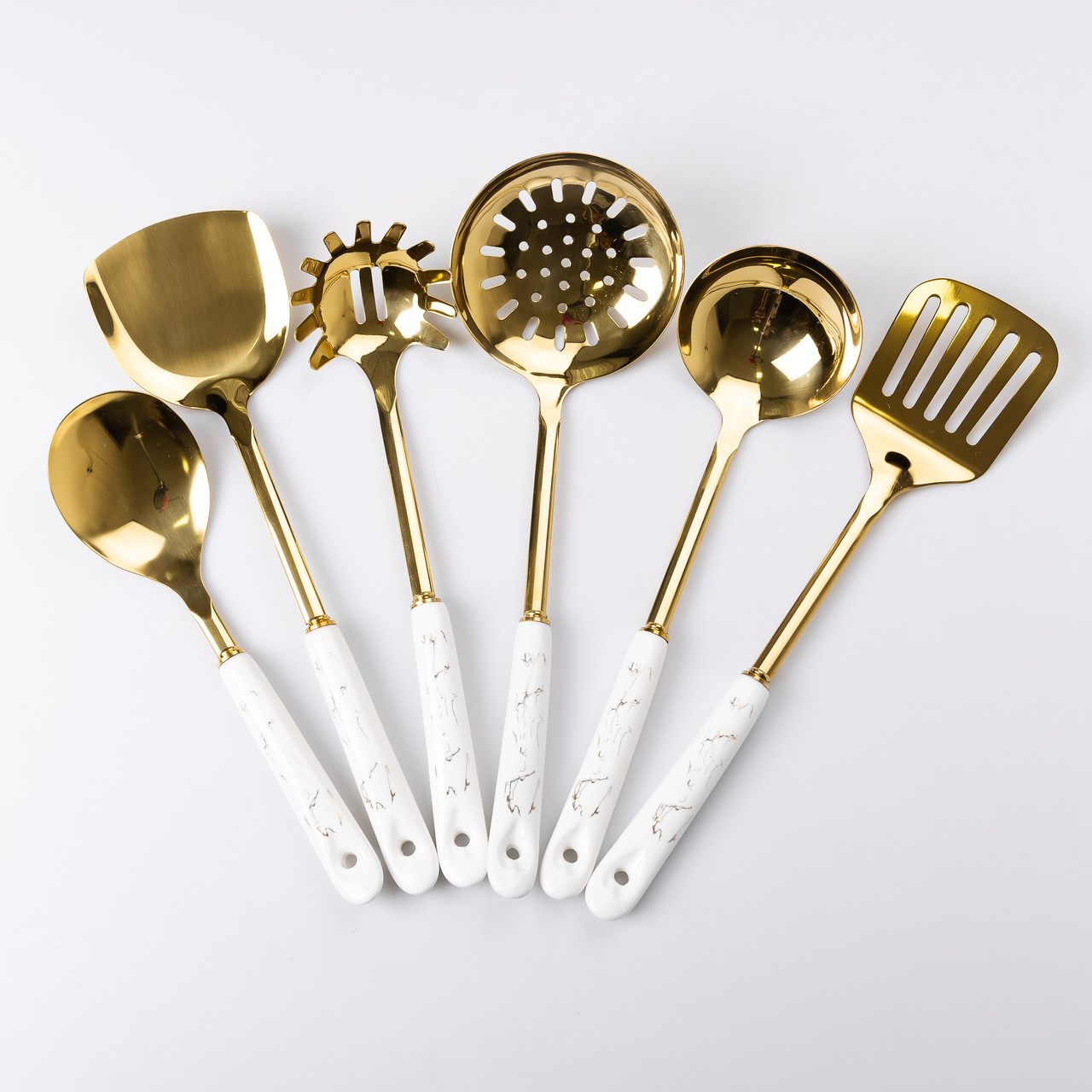 Набір кухонного приладдя 7 предметів на підставці столові прилади з нержавіючої сталі Золото з білим