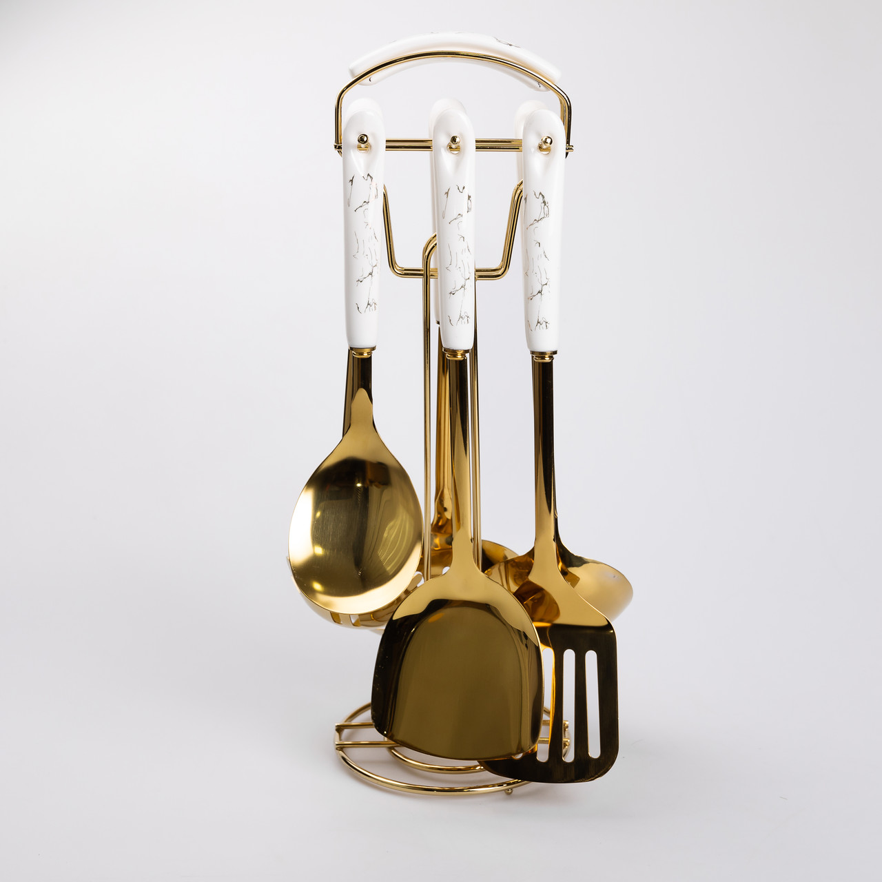 Набір кухонного приладдя 7 предметів на підставці столові прилади з нержавіючої сталі Золото з білим