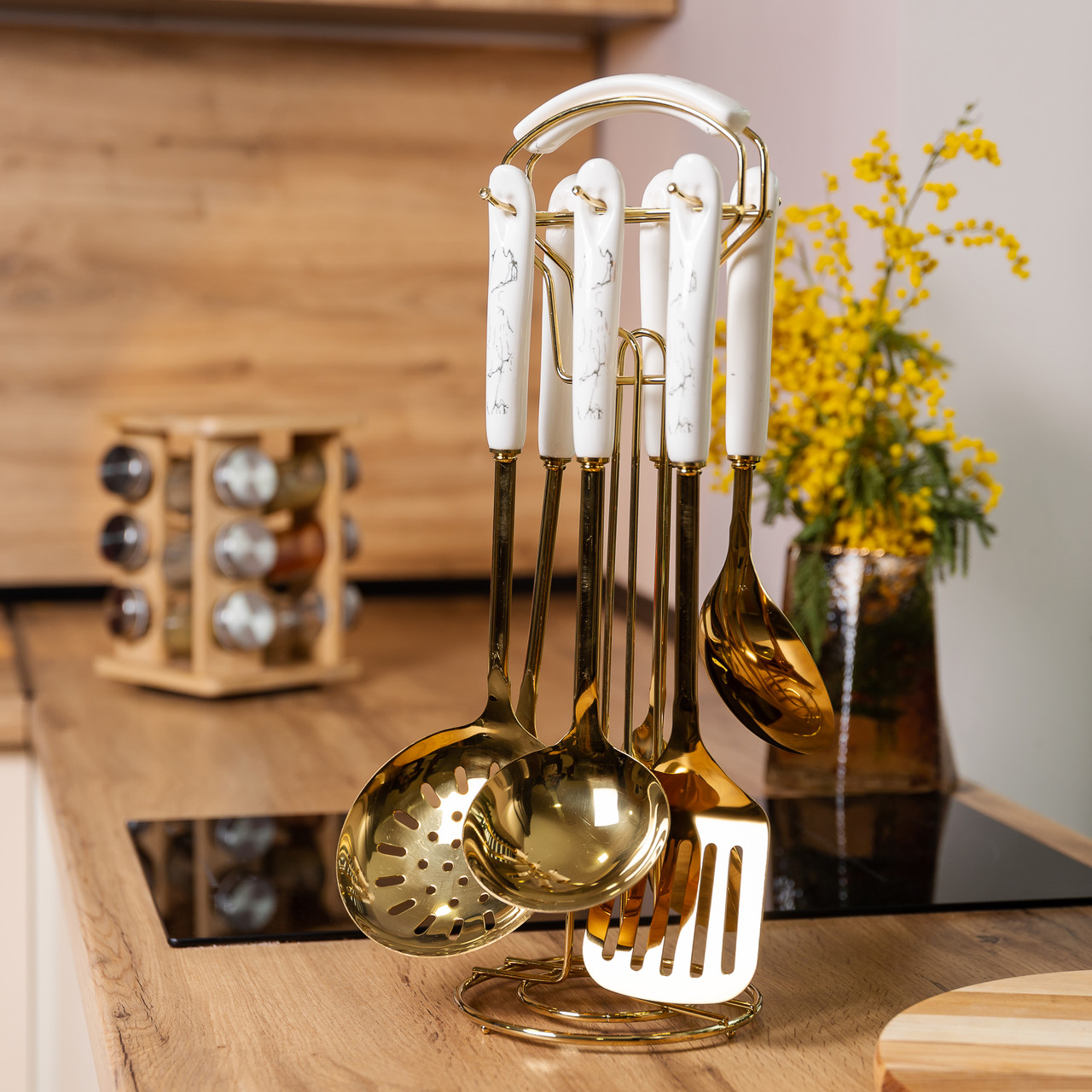 Набір кухонного приладдя 7 предметів на підставці столові прилади з нержавіючої сталі Золото з білим
