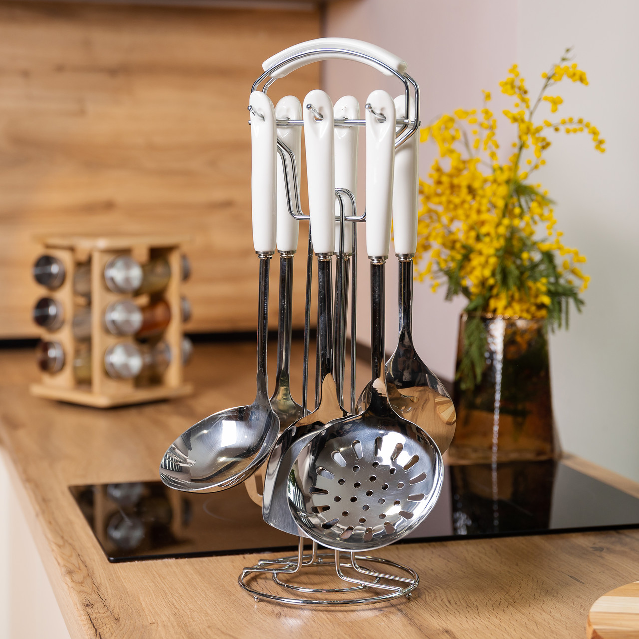 Набір кухонного приладдя на підставці 7 предметів кухонні аксесуари на підставці Білий із сріблястим