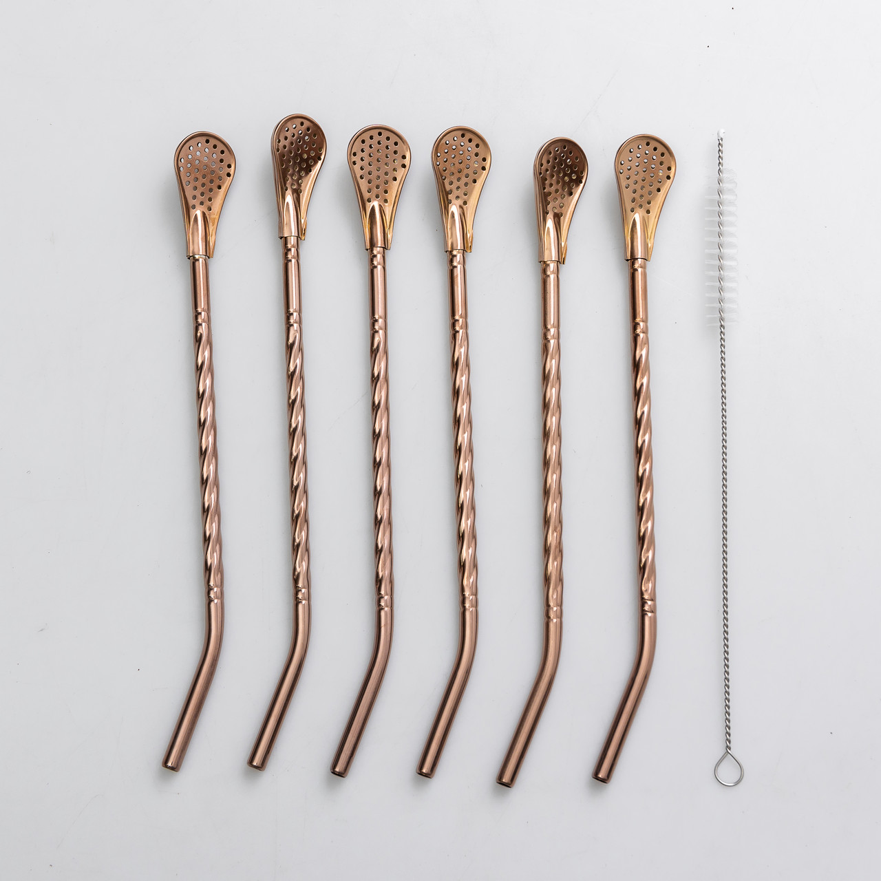 Набір багаторазових ложок-трубочок 6 шт для напоїв 19.5 см зі щіткою для миття з нержавіючої сталі Бронзовий