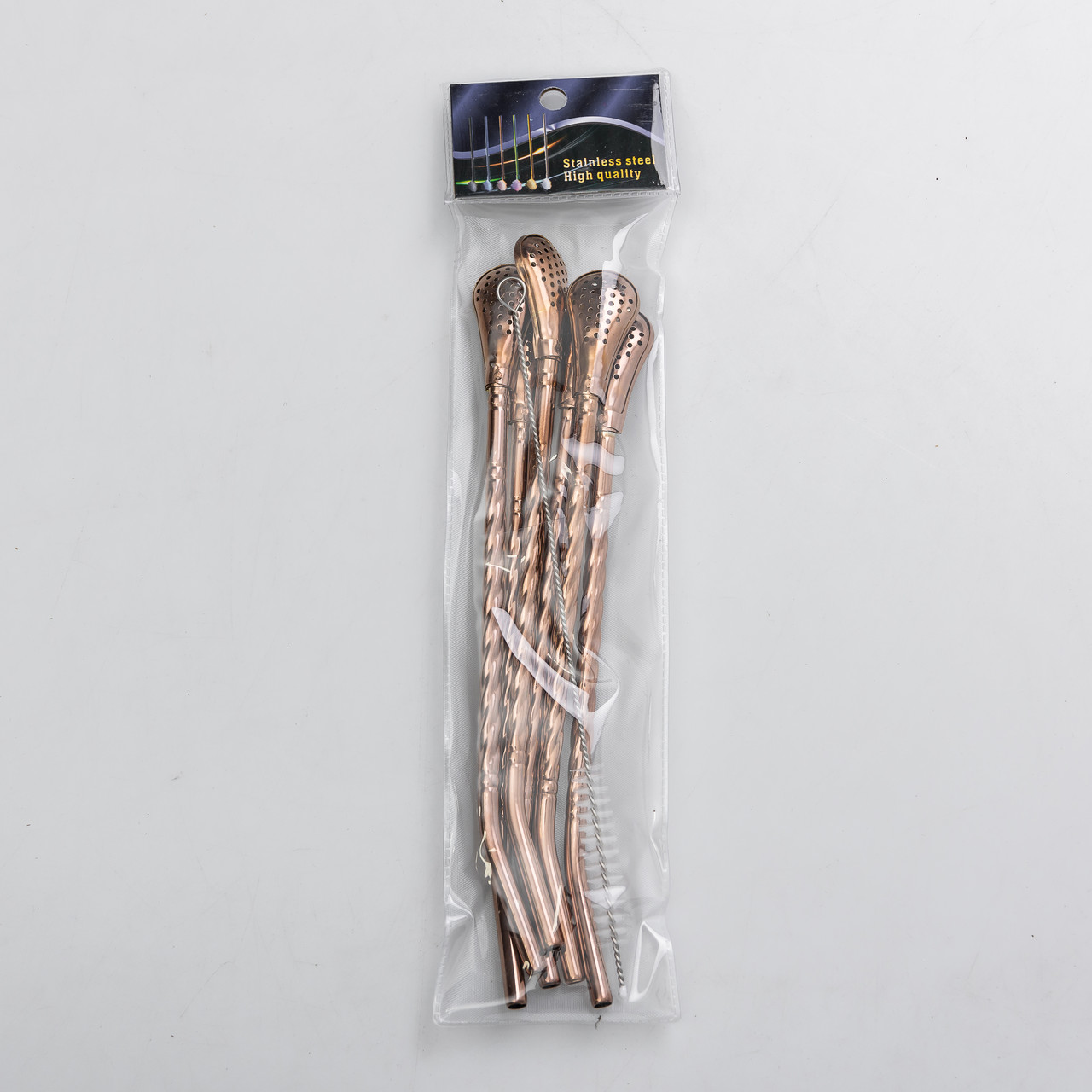 Набір багаторазових ложок-трубочок 6 шт для напоїв 19.5 см зі щіткою для миття з нержавіючої сталі Бронзовий