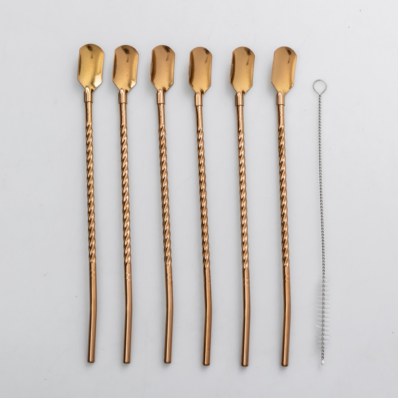 Набір багаторазових ложок-трубочок 6 шт для напоїв 22 см зі щіткою для миття з нержавіючої сталі Бронзовий