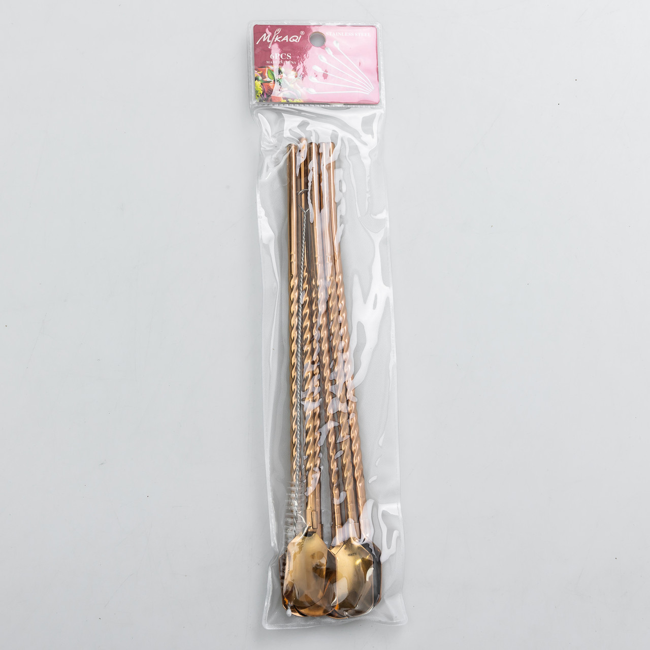 Набір багаторазових ложок-трубочок 6 шт для напоїв 22 см зі щіткою для миття з нержавіючої сталі Бронзовий