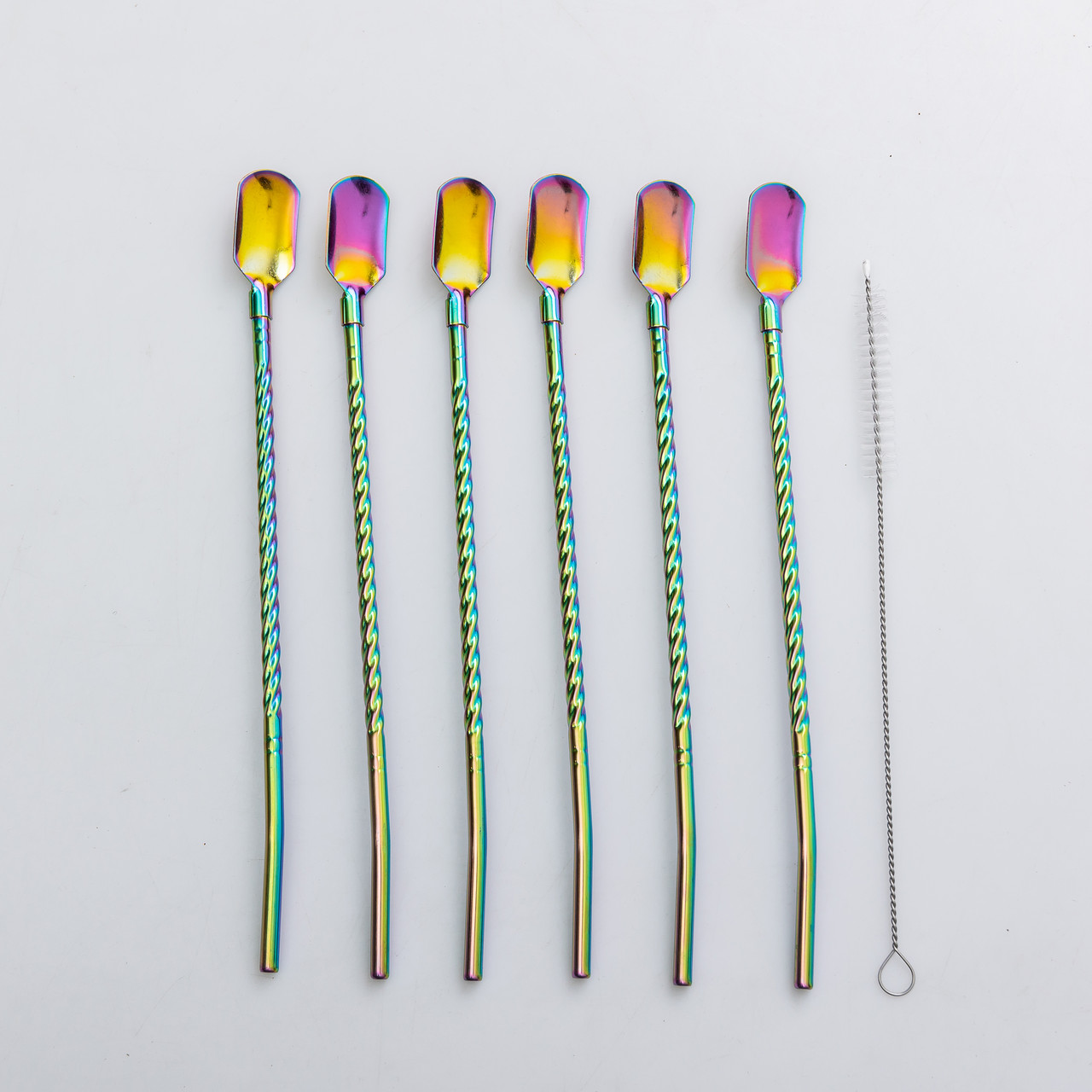 Набір багаторазових ложок-трубочок 6 шт для напоїв 22 см зі щіткою для миття з нержавіючої сталі Хамелеон