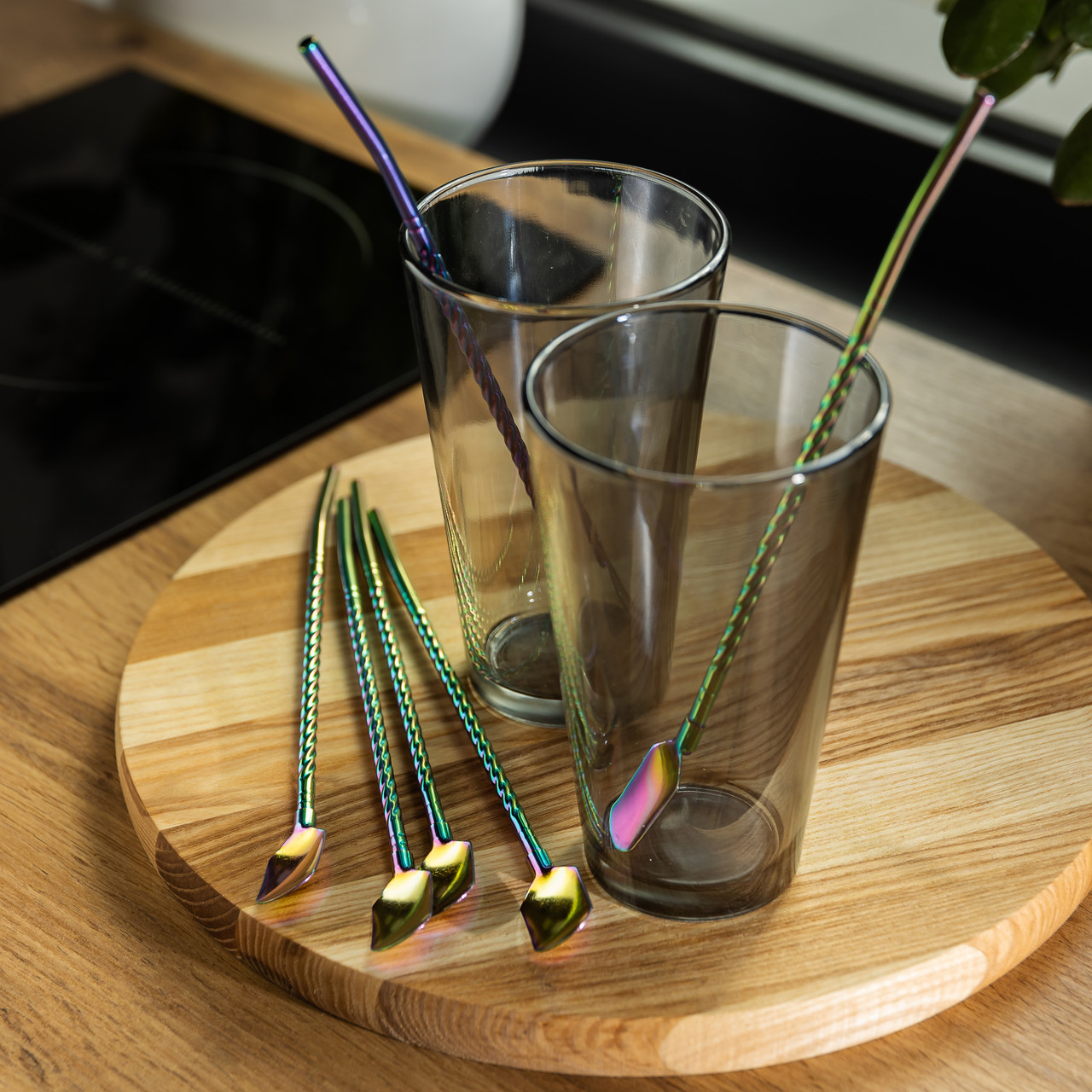 Набір багаторазових ложок-трубочок 6 шт для напоїв 22 см зі щіткою для миття з нержавіючої сталі Хамелеон