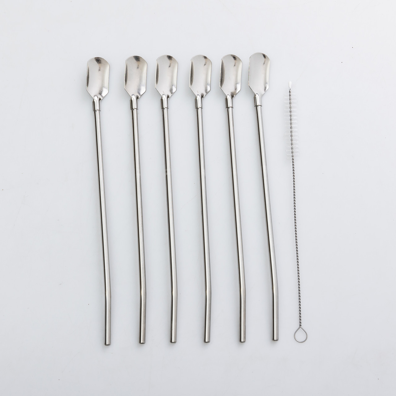 Набір багаторазових ложок-трубочок 6 шт для напоїв 22 см зі щіткою для миття з нержавіючої сталі Сірий