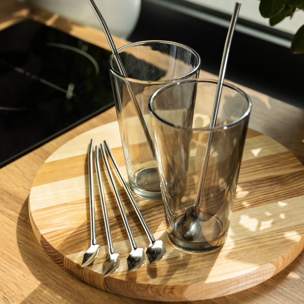 Набір багаторазових ложок-трубочок 6 шт для напоїв 22 см зі щіткою для миття з нержавіючої сталі Сірий