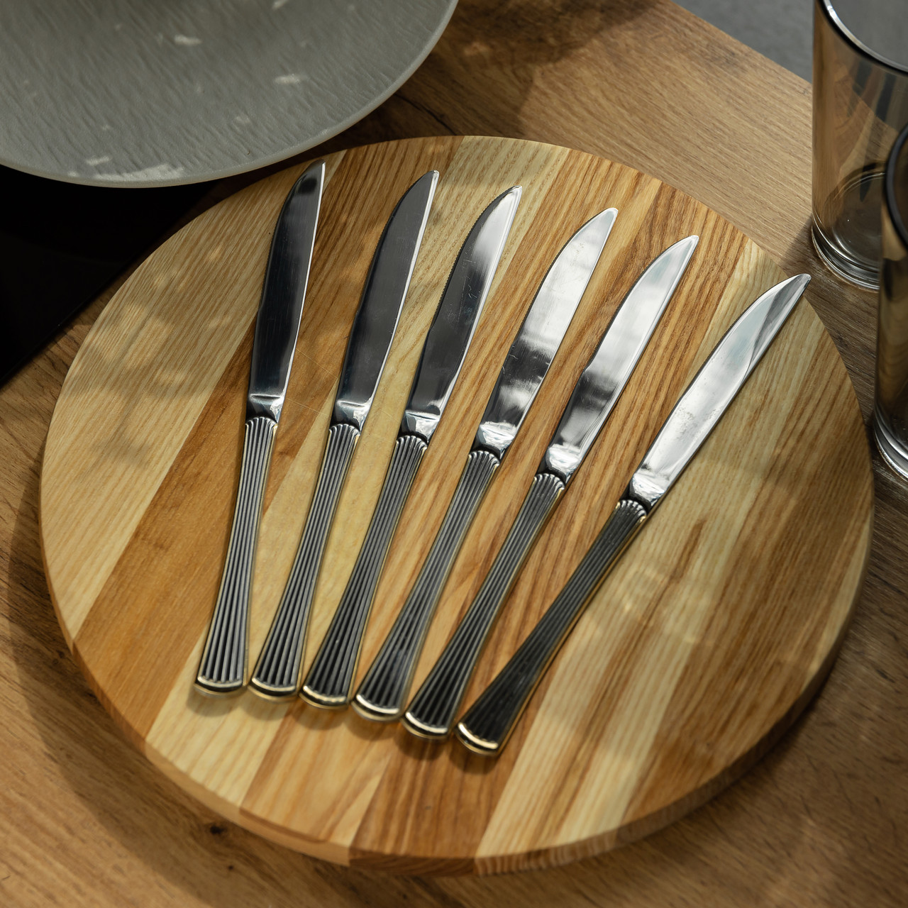 Набір столових ножів 6 штук ножі сервірувальні з нержавіючої сталі 22.5 см Срібло із золотим обрамленням