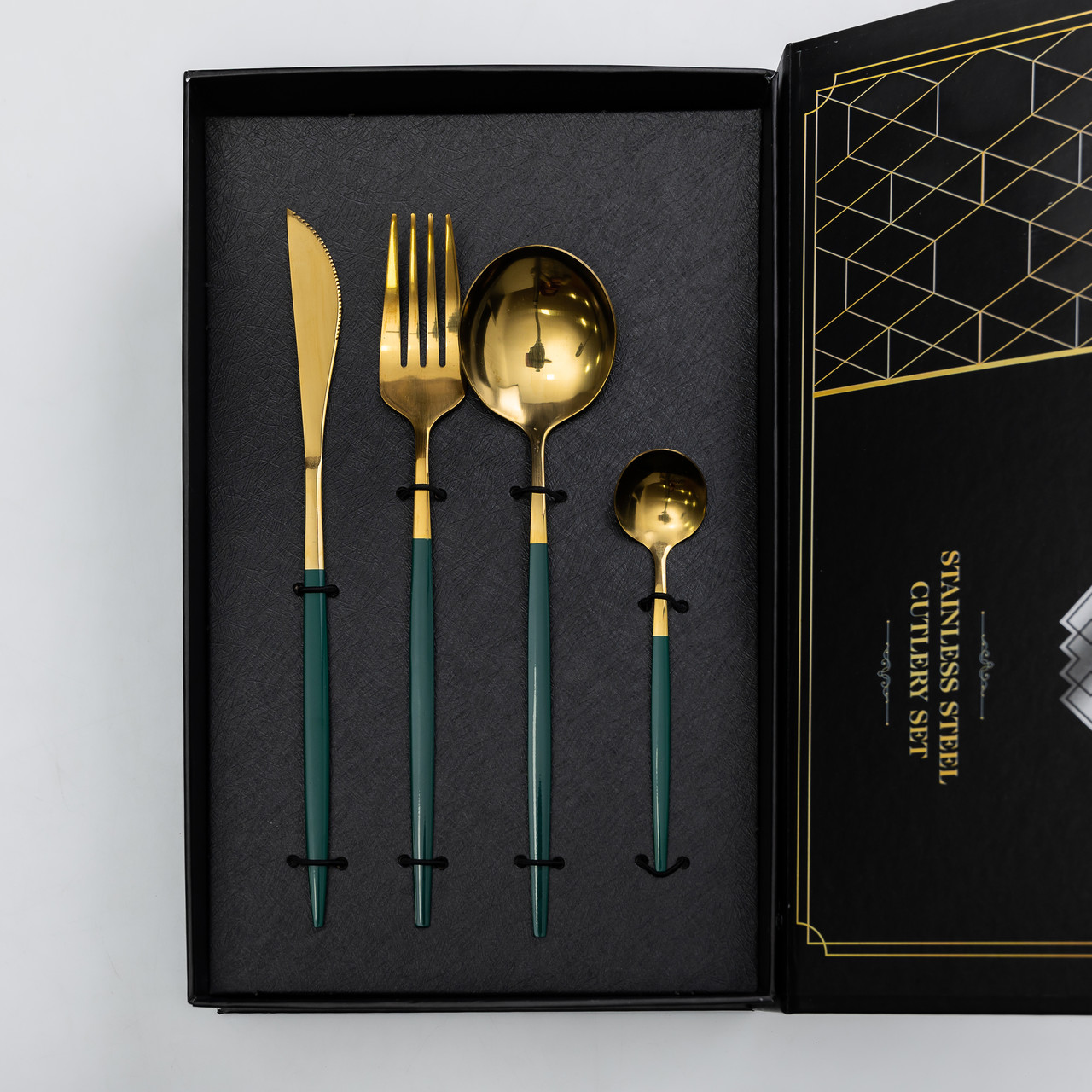 Набір столових приборів 24 предмети столовий набір на 6 персон Золотистий з зеленим