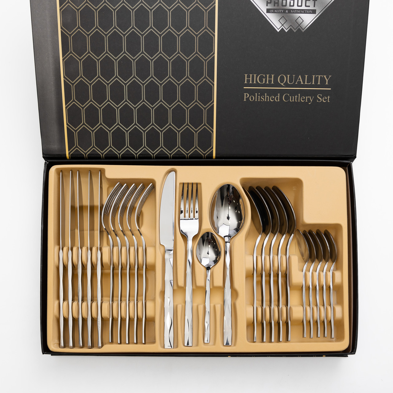 Набір столових приборів на 6 персон набір ложок виделок і ножів 24 предмети в коробці Срібло
