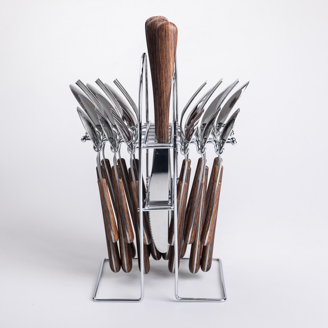 Набір столових приборів на 6 персон з дерев'яними ручками на підставці столові прибори 24 шт Срібло