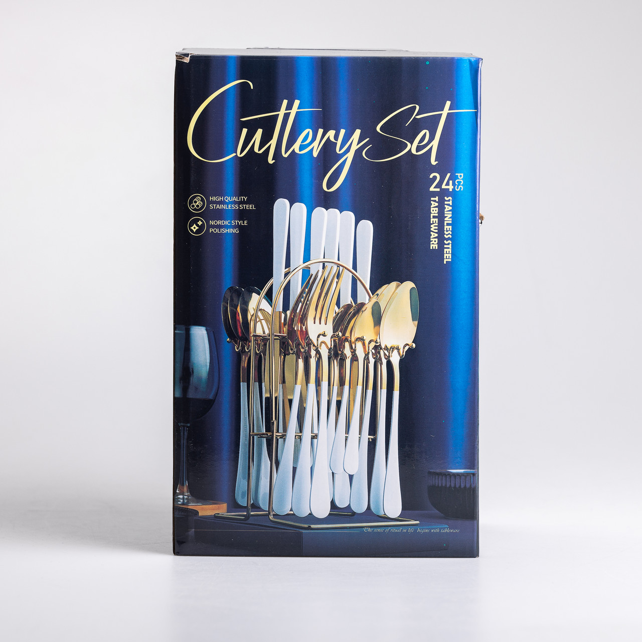 Набір столових приборів на 6 персон з дерев'яними ручками на підставці столові прибори 24 шт Срібло