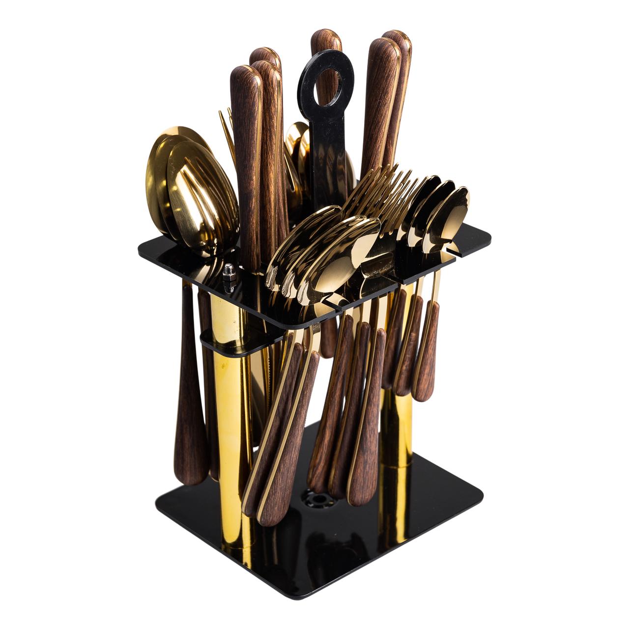 Набір столових приборів на 6 персон з дерев'яними ручками на підставці столові прибори 24 шт Золото