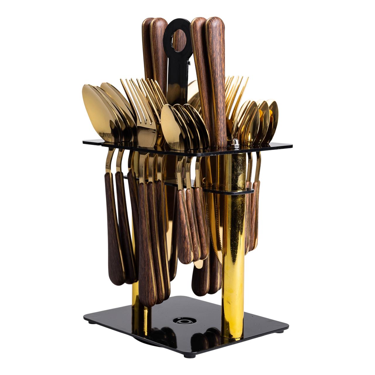 Набір столових приборів на 6 персон з дерев'яними ручками на підставці столові прибори 24 шт Золото