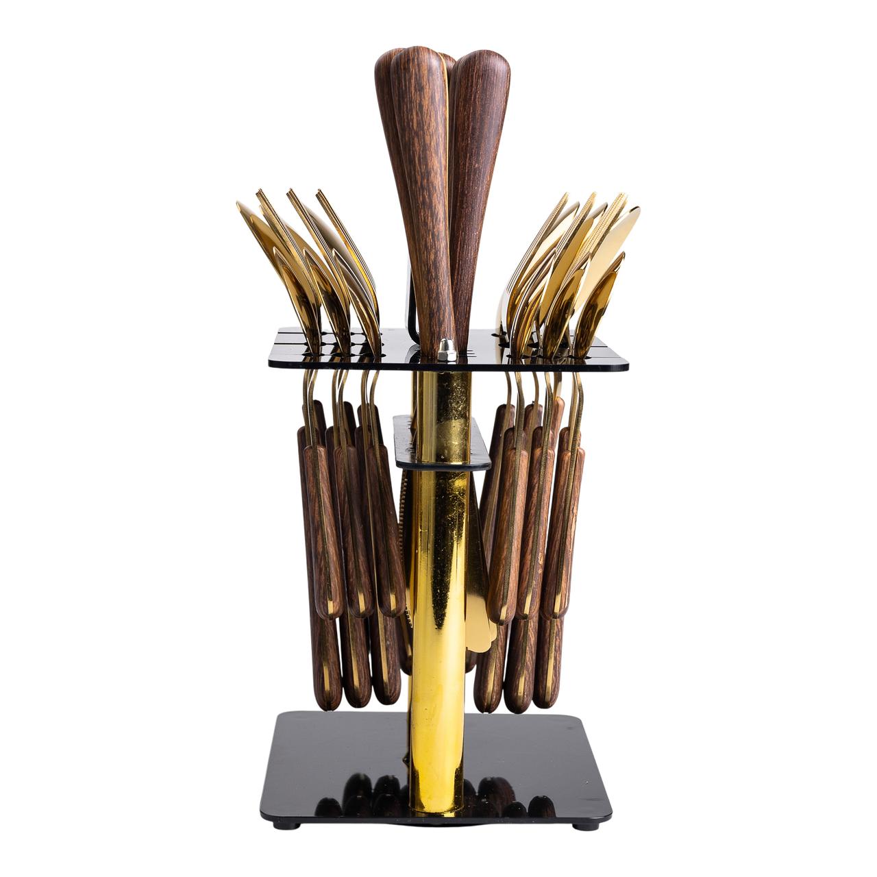 Набір столових приборів на 6 персон з дерев'яними ручками на підставці столові прибори 24 шт Золото