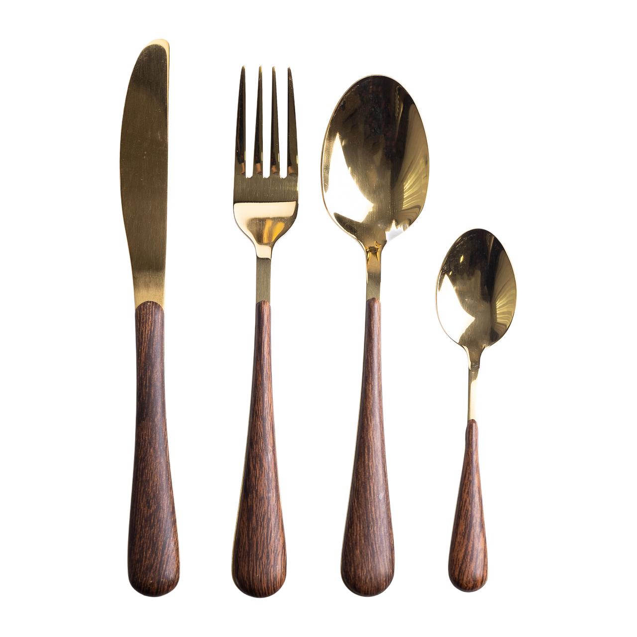 Набір столових приборів на 6 персон з дерев'яними ручками на підставці столові прибори 24 шт Золото