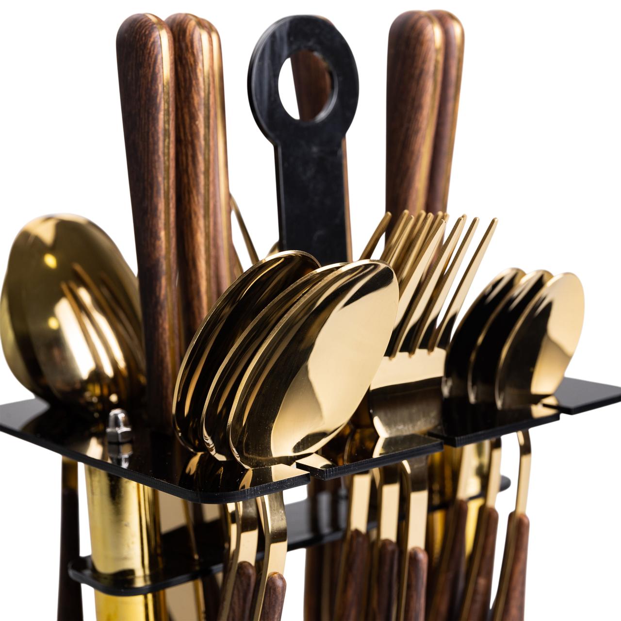 Набір столових приборів на 6 персон з дерев'яними ручками на підставці столові прибори 24 шт Золото