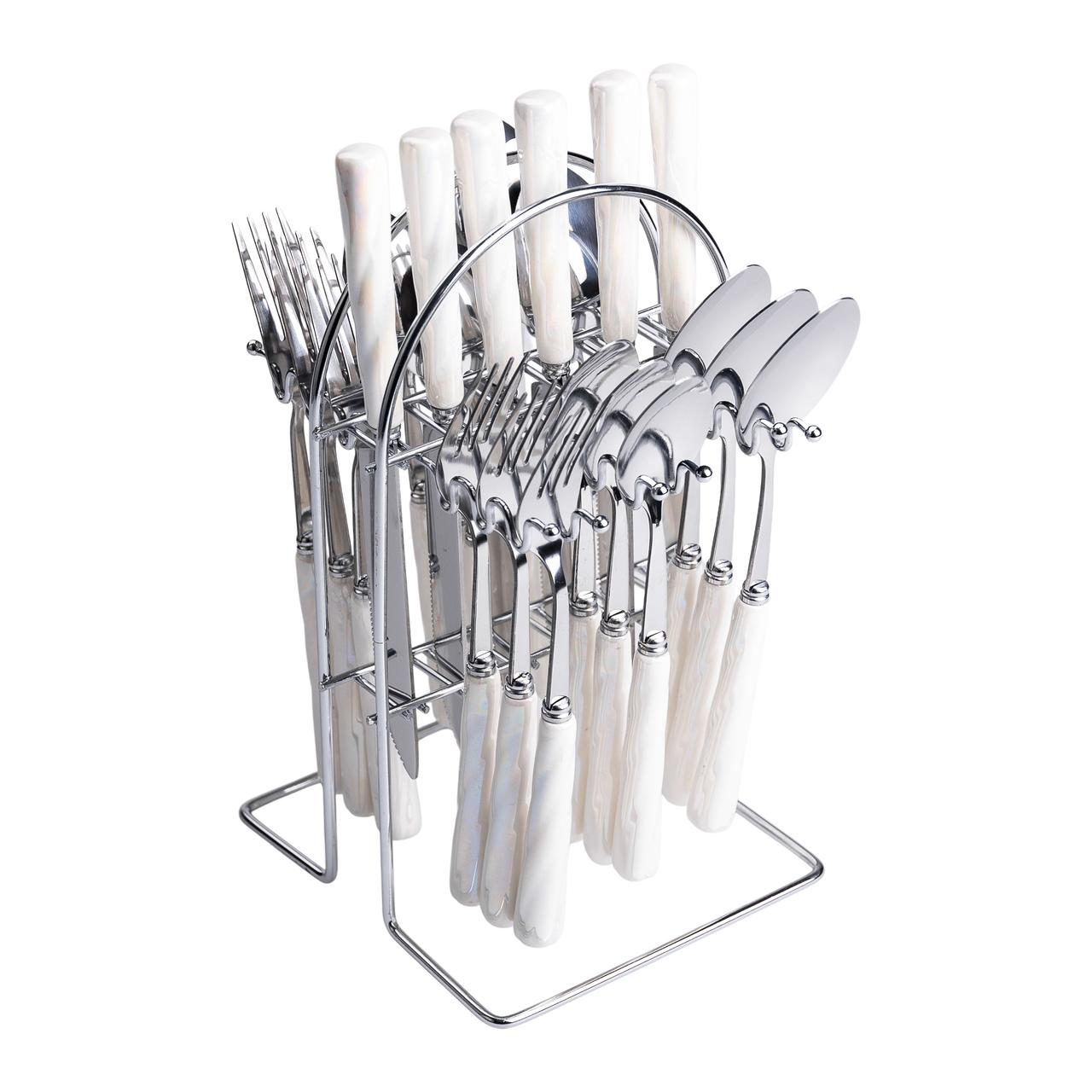 Набір столових приборів на підставці 24 предмети столовий набір на 6 персон Білий зі сріблом