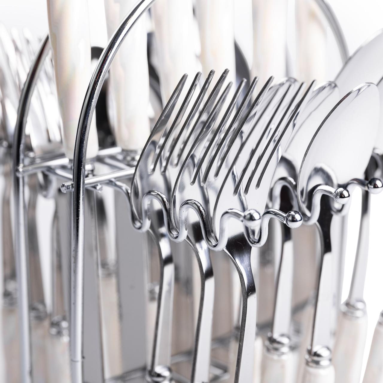 Набір столових приборів на підставці 24 предмети столовий набір на 6 персон Білий зі сріблом