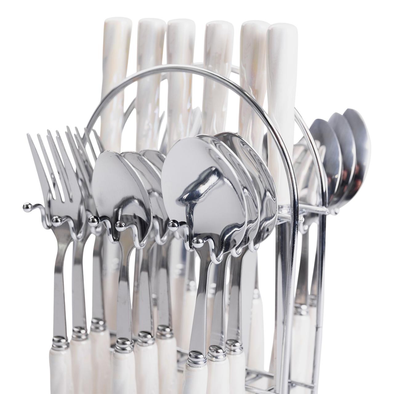 Набір столових приборів на підставці 24 предмети столовий набір на 6 персон Білий зі сріблом