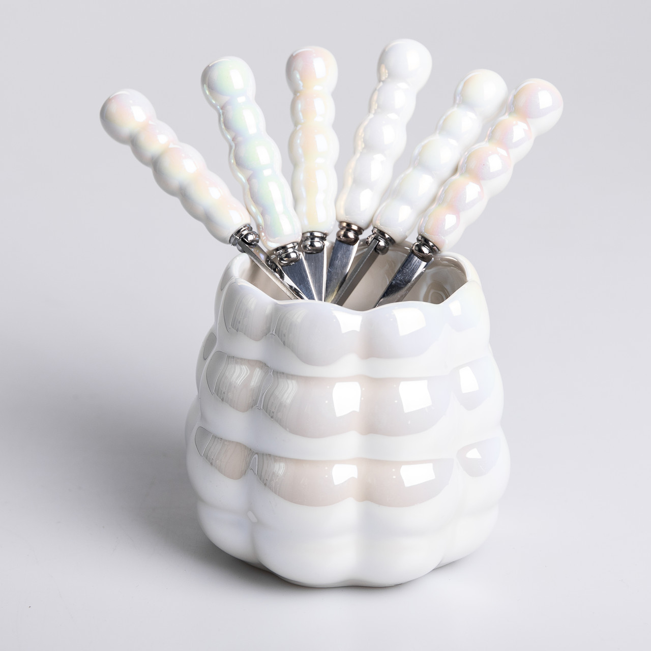 Набір десертних виделок і ложок на 3 персони з підставкою з кераміки 7 предметів Перламутровий