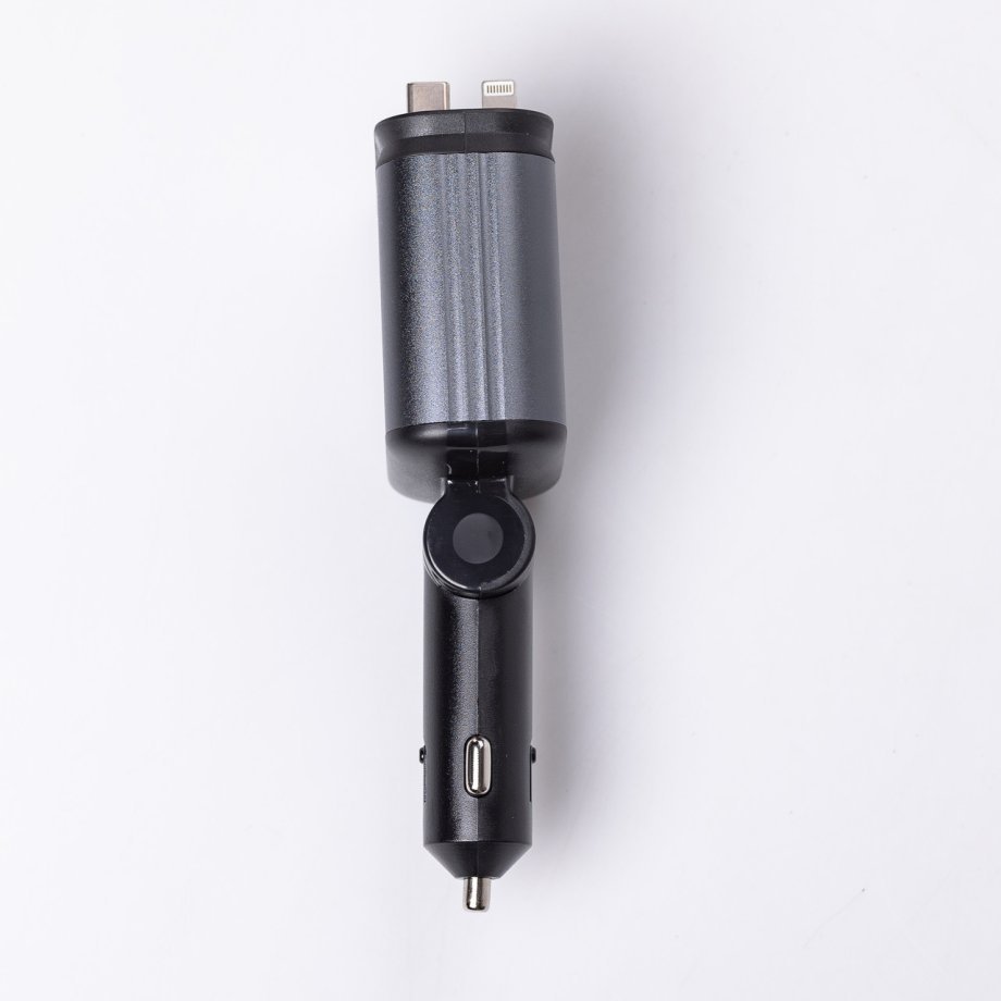 Автомобільний зарядний пристрій LED-проекція, зі швидкою зарядкою і висувними кабелями Apple Lightning/USB-С