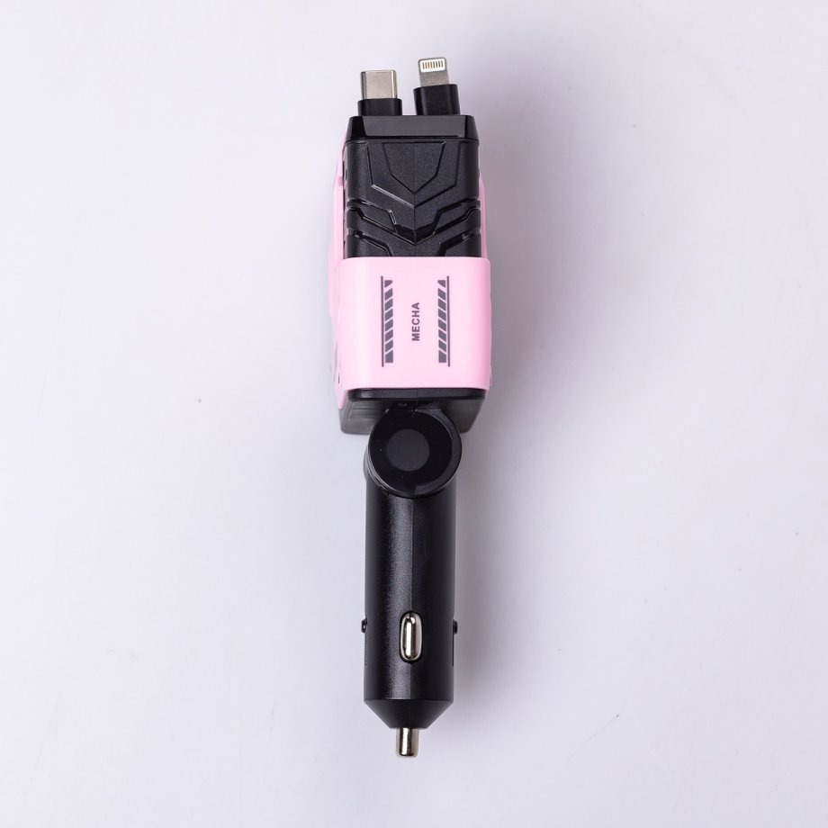 Автомобільний зарядний пристрій MECHA з висувними кабелями та портами USB/Type-C Рожевий