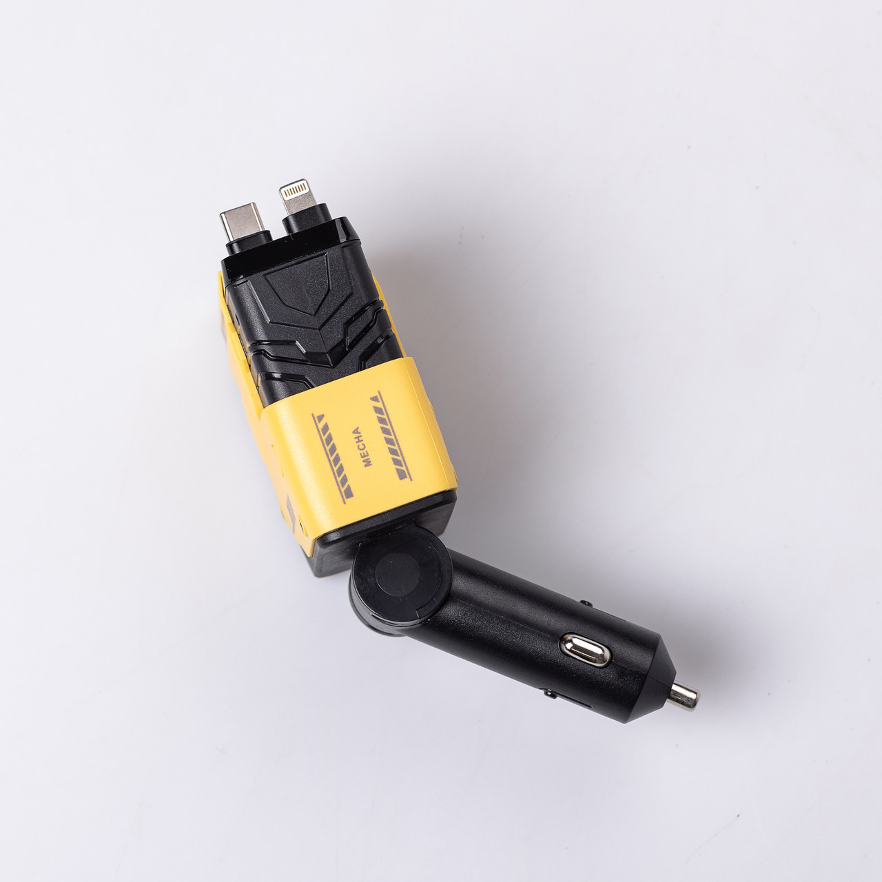 Автомобільний зарядний пристрій MECHA з висувними кабелями та портами USB/Type-C Жовтий