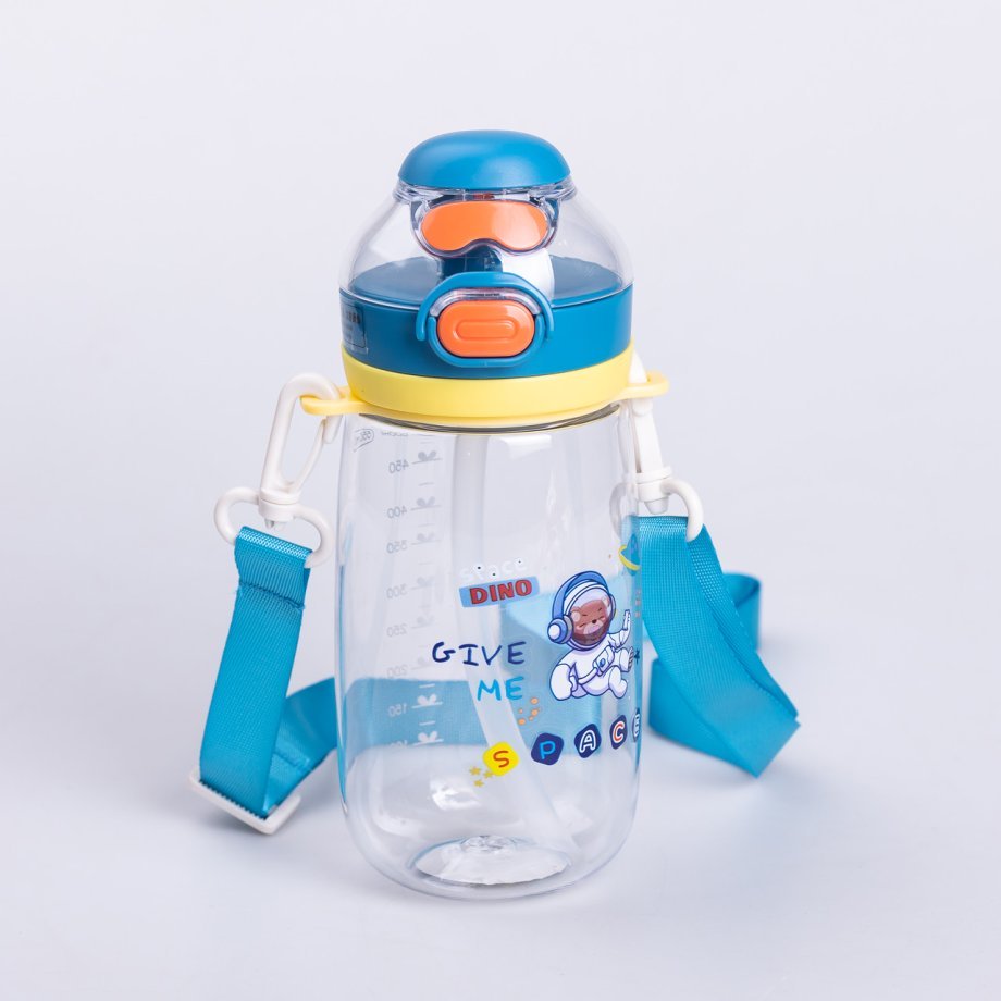 Пляшка для води дитяча 550 мл з ремінцем і трубочкою для спорту та школи 20 см Синя