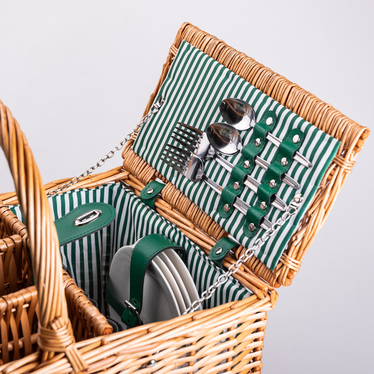 Кошик плетений для пікніка з посудом на 4 персони 48х33х43 см набір посуду туристичний для кемпінгу