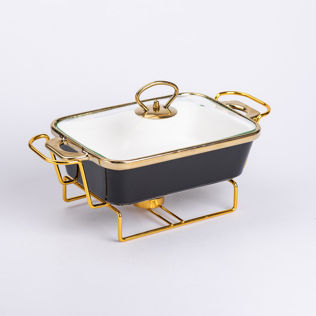 Марміт керамічний із скляною кришкою 31х16х15.5 см на металевій підставці 1 л Чорний