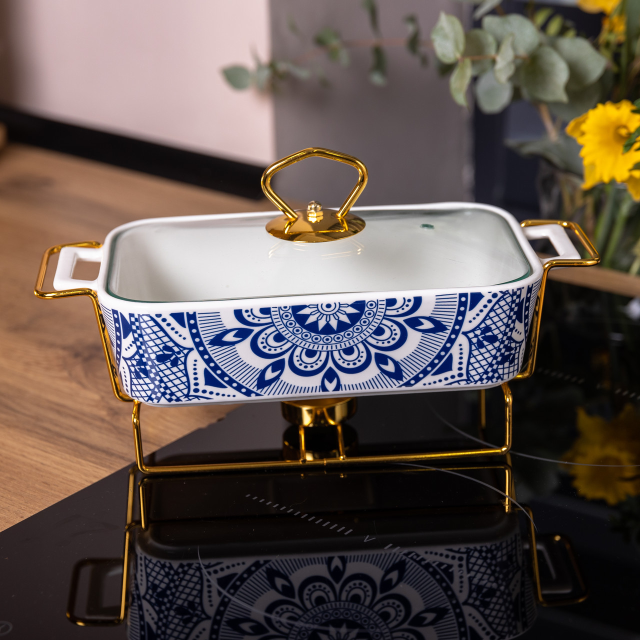 Марміт керамічний із скляною кришкою 38х18.5х15.5 см на металевій підставці 1 л