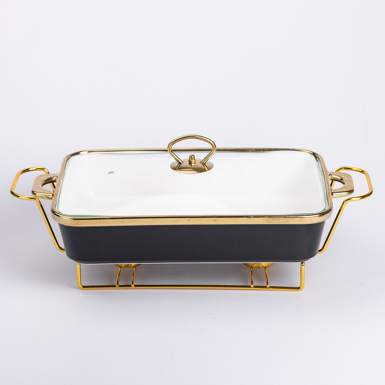 Марміт керамічний із скляною кришкою 40х22.5х15.5 см на металевій підставці 2 л Чорний