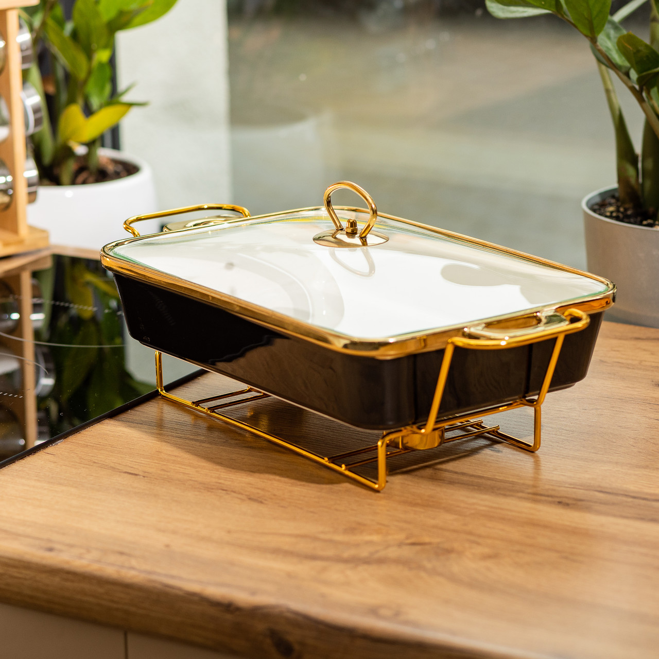 Марміт керамічний із скляною кришкою 40х22.5х15.5 см на металевій підставці 2 л Чорний