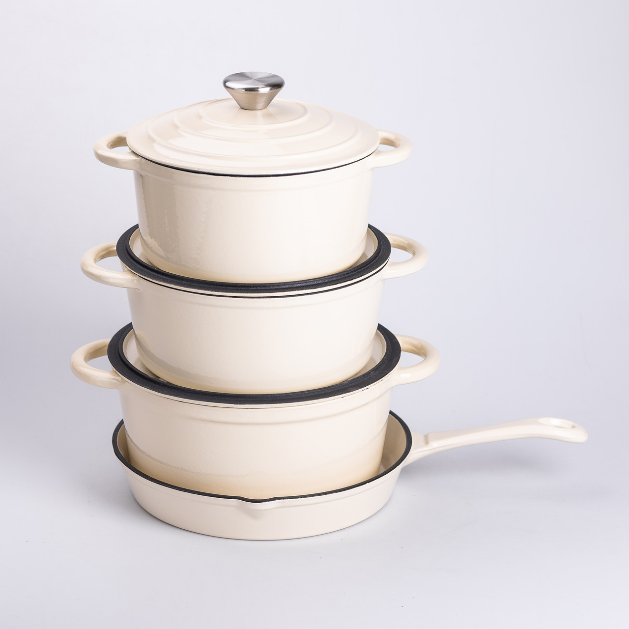 Набір чавунного посуду для приготування 3 каструлі та сковорода з емальованим покриттям Бежевий