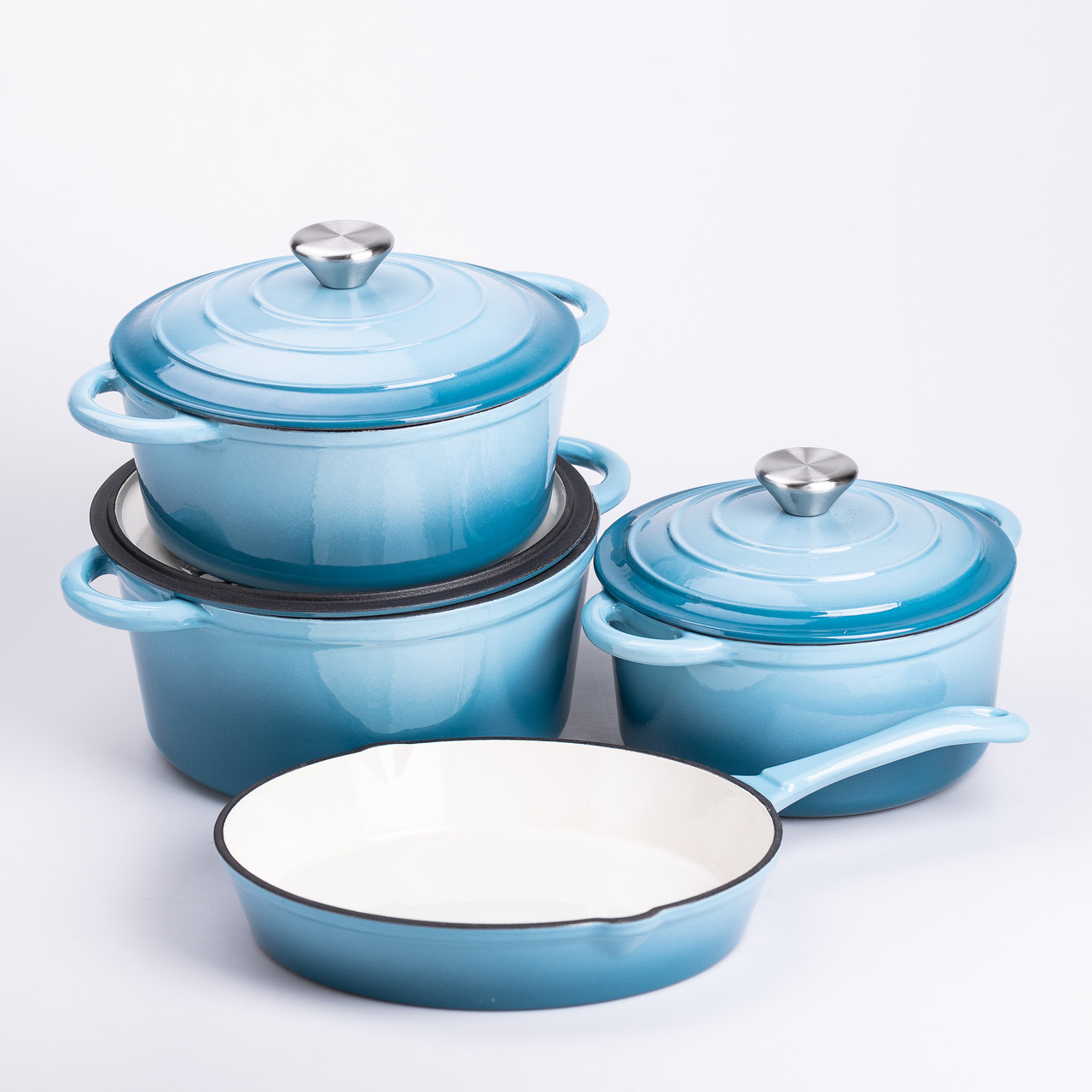 Набір чавунного посуду для приготування 3 каструлі та сковорода з емальованим покриттям Блакитний