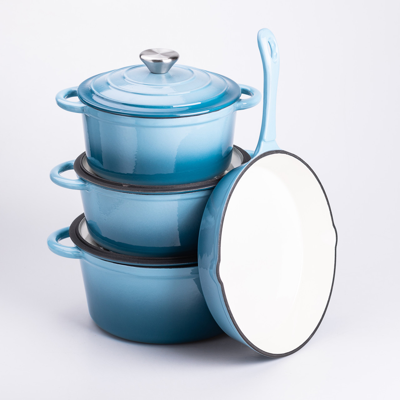 Набір чавунного посуду для приготування 3 каструлі та сковорода з емальованим покриттям Блакитний