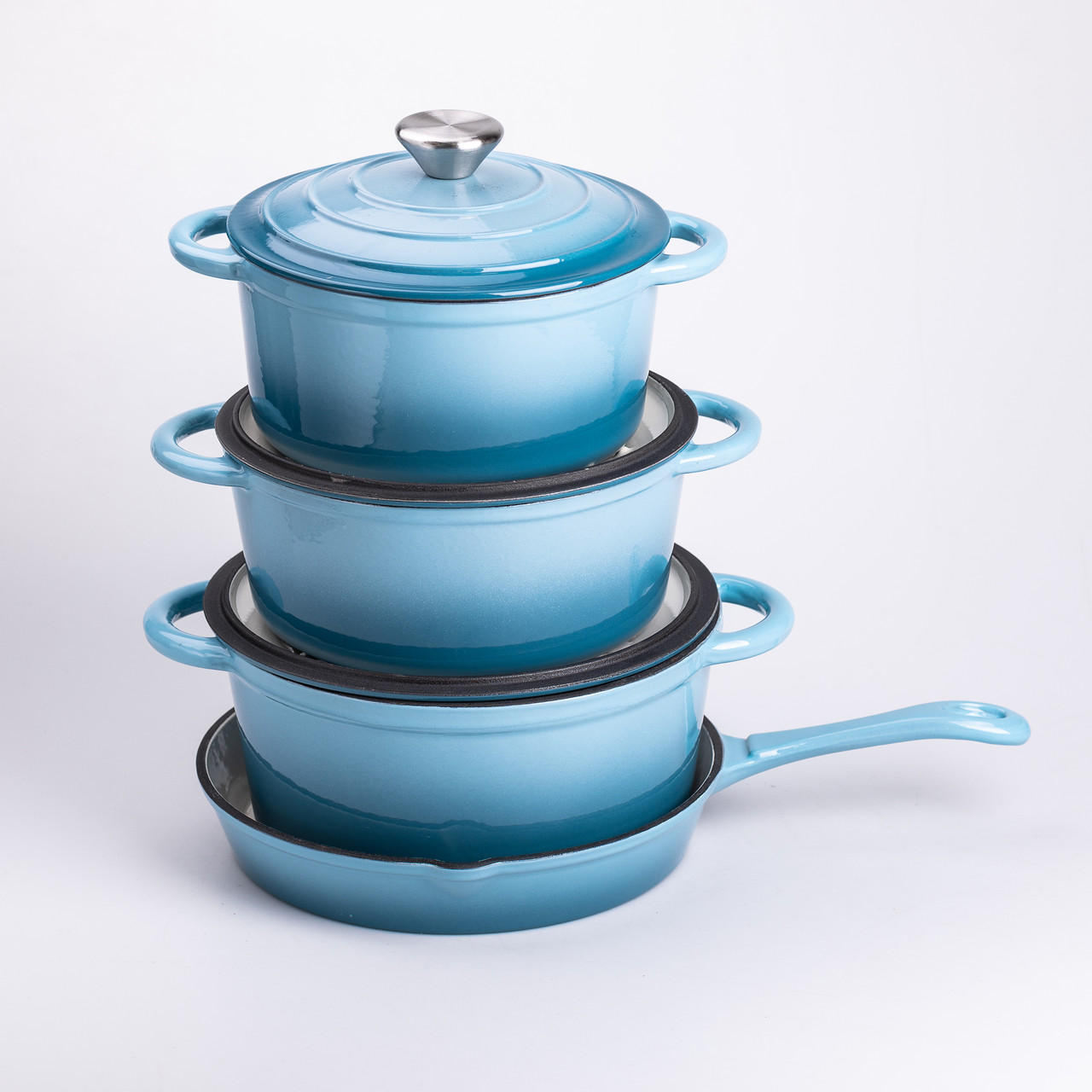 Набір чавунного посуду для приготування 3 каструлі та сковорода з емальованим покриттям Блакитний