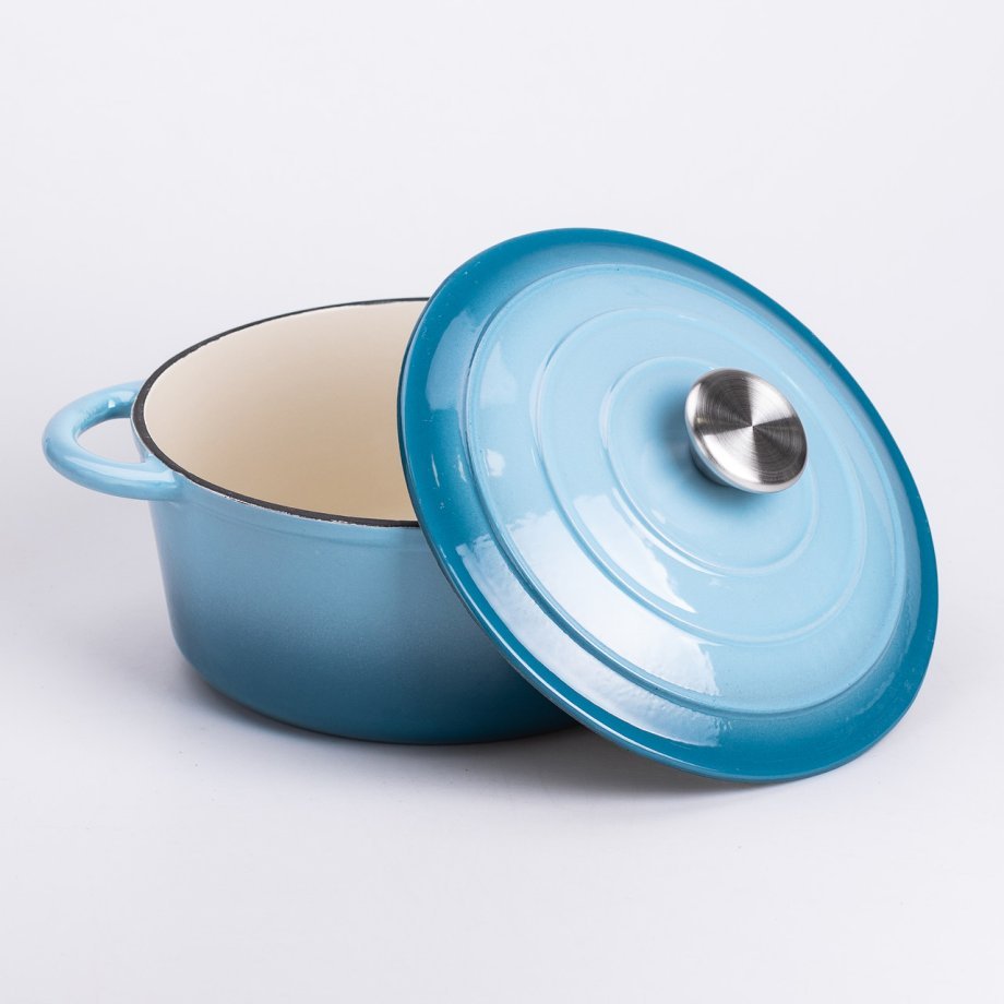 Набір чавунного посуду для приготування 3 каструлі та сковорода з емальованим покриттям Блакитний