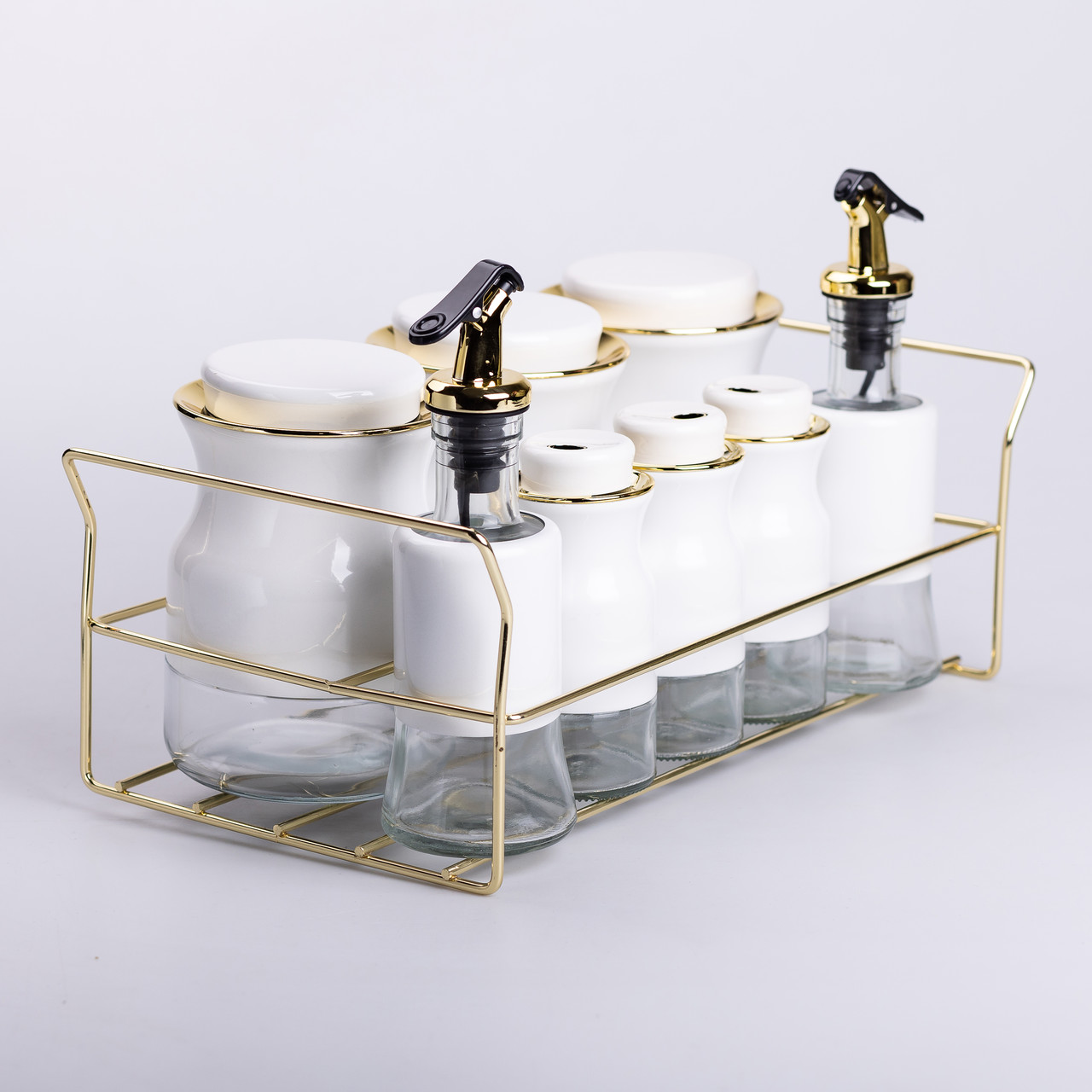 Набір для спецій на підставці з пляшками для олії та оцту 8 предметів Білий