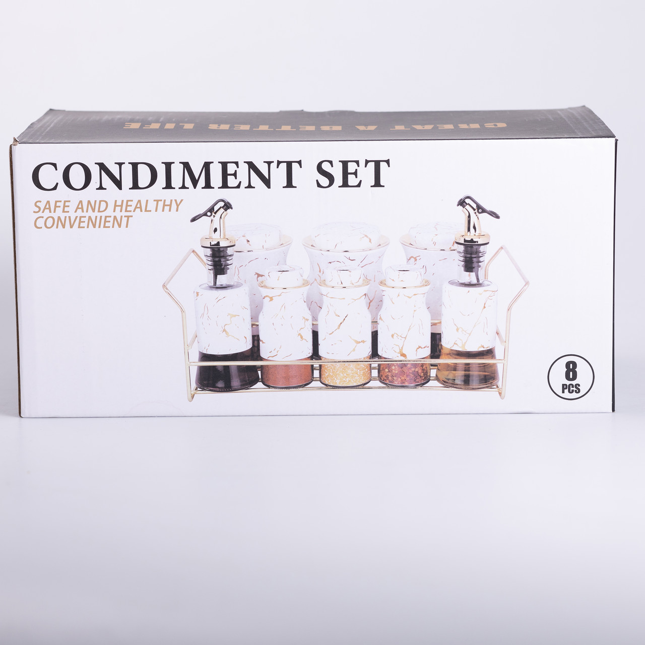 Набір для спецій на підставці з пляшками для олії та оцту 8 предметів Білий