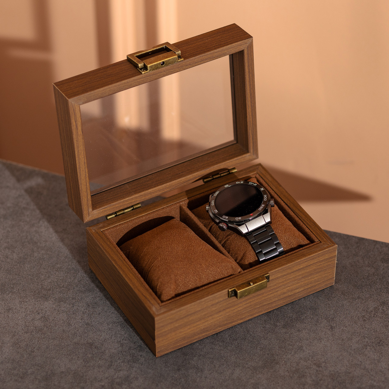 Дерев'яна скринька для наручного годинника 16.5×12×7.5 см на 2 відсіки