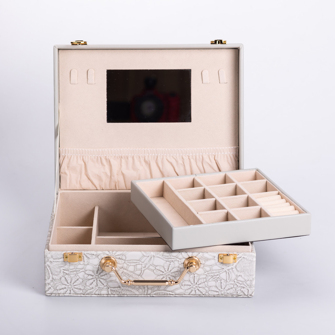 Скринька для прикрас з еко шкіри 2 яруси із дзеркалом органайзер для ювелірних виробів