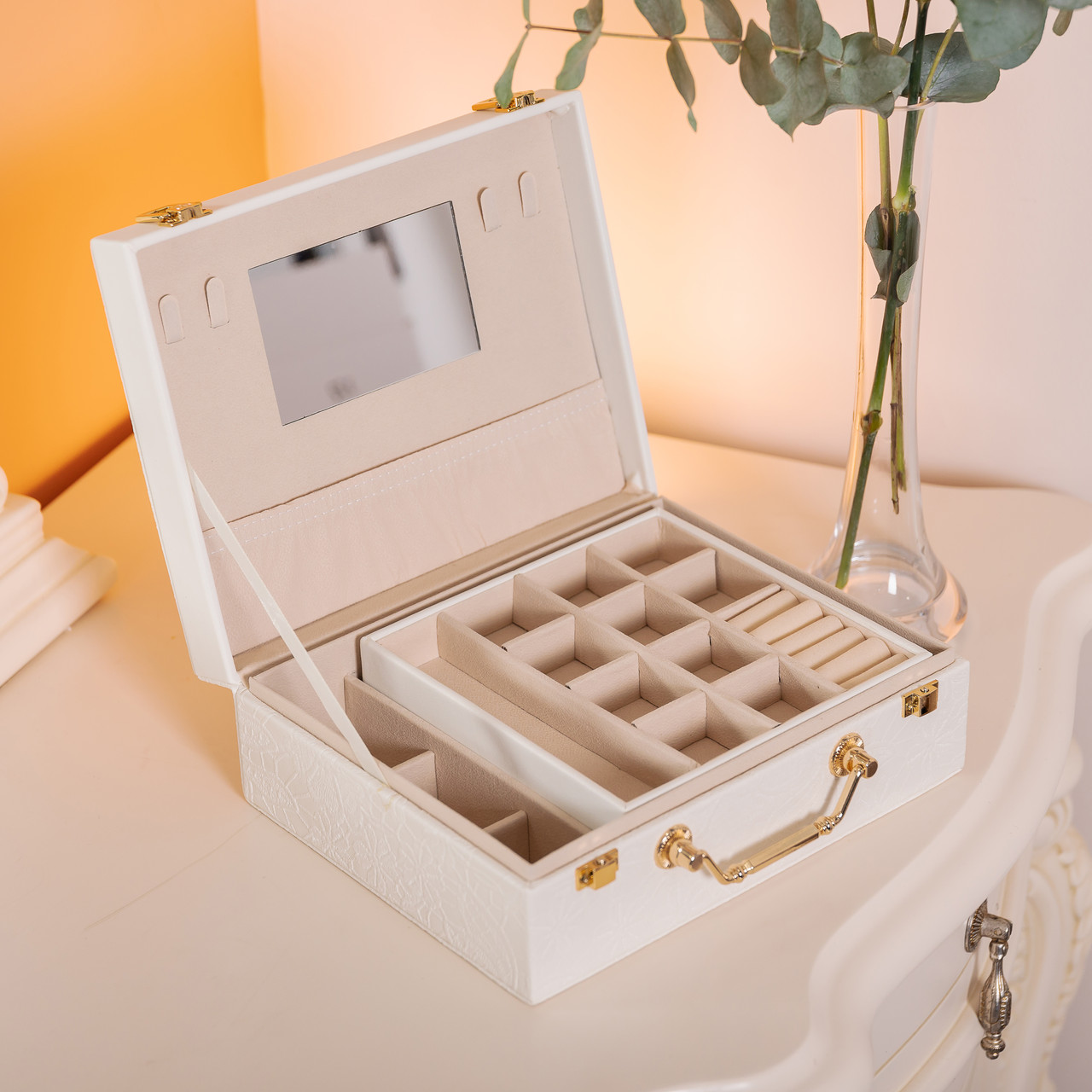 Скринька для прикрас з еко шкіри 2 яруси із дзеркалом органайзер для ювелірних виробів