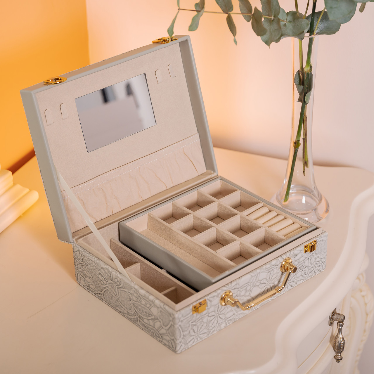 Скринька для прикрас з еко шкіри 2 яруси із дзеркалом органайзер для ювелірних виробів